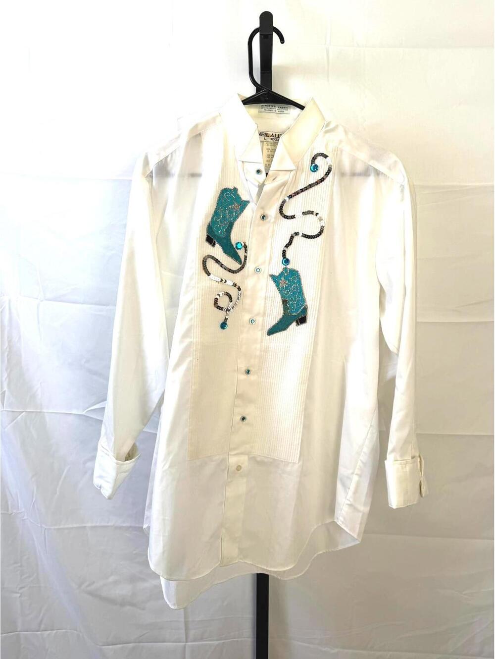 Neil Allyn Men's Long Sleeve White Dress Shirt with Embroidered Boots Sequins